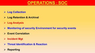 OPERATIONS : SOC
 Log Collection
 Log Retention & Archival
 Log Analysis
 Monitoring of security Environment for security events
 Event Correlation
 Incident Mgt
 Threat Identification & Reaction
 Reporting
 