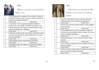 Metas
Apoiamos o sacerdócio como autoridade de
Deus na terra.
1
Aceite designações e chamados de boa vontade e cumpra-os
da melhor maneira possível, como por exemplo, fazendo um
discurso na reunião sacramental.
Data Inicio Data Fim
2
Leia Mateus 5:41-42 e faça um empenho de aplicar o
princípio das “duas milhas” realizado mais do que os seus
líderes esperam de você. Comece se pronticando para levar o
pão do sacramento por 2 domingos
Data Inicio Data Fim
3
Demonstre sua fé no poder do sacerdócio solicitando, sempre
que necessário, bênçãos de saúde/conforto para seu esposo
ou mestre familiares.
Data Inicio Data Fim
4
Procure jamais criticar ou falar mal de seus líderes.
Data Inicio Data Fim
5
Prontifique-se para dar almoço aos missionário do Ramo.
Data Inicio Data Fim
12
Metas
Aumentamos nosso testemunho de Jesus
Cristo por meio da oração e do estudo das
escrituras.
13
1
Leia o Livro de Mórmon todos os dias por dois meses.
Ponderem sobre os seus ensinamentos enquanto lê.
Data Inicio Data Fim
2
Decore uma escrita por semana durante 2 meses e aplique
as em sua vida.
Data Inicio Data Fim
3
Leia um publicação de sua livre escolha que tenha sido
escrita por uma autoridade ou líder da Igreja. (Ex. Jesus, o
Cristo; O Milagre do Perdão...)
Data Inicio Data Fim
4
Ore fervorosamente 2 vezes ao dia por 3 meses. (oração
pessoal)
Data inicio Data Fim
5
Leia 1 discurso (artigo) por mês de A Liahona do início ao
fim desse Projeto.
Data Inicio Data Fim
6
Durante 3 meses estude as lições do profeta em preparação
para as aulas da Sociedade de Socorro
Data Inicio Data Fim
 