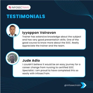 @infosectrain
TESTIMONIALS
Trainer has extensive knowledge about the subject
and has very good presentation skills. One of the
good course to know more about the SOC. Really
appreciate the trainer and the team.
Iyyappan Vairavan
I couldn't believe it would be an easy journey for a
career change from nursing to certified SOC
Specialist. I am proud to have completed this so
easily with InfosecTrain.
Jude Adio