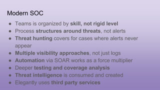 Modern SOC
● Teams is organized by skill, not rigid level
● Process structures around threats, not alerts
● Threat hunting...