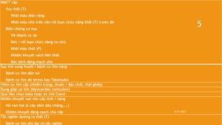 NMCT cấp
Suy thất (T)
Nhồi máu diện rộng
Nhồi máu nhỏ trên nền rối loạn chức năng thất (T) trước đó
Biến chứng cơ học
Vỡ thành tự do
Đứt / rối loạn chức năng cơ nhú
Nhồi máu thất (P)
Khiếm khuyết vách liên thất
Bóc tách động mạch chủ
Suy tim sung huyết / bệnh cơ tim nặng
Bệnh cơ tim dãn nở
Bệnh cơ tim do stress hay Takotsubo
Viêm cơ tim cấp (nhiễm trùng, thuốc / độc chất, thải ghép)
Đụng giập cơ tim (Myocardial contusion)
Quá liều chẹn beta hoặc ức chế Canxi
Khiếm khuyết van tim cấp tính / nặng
Hở van hai lá cấp (đứt dây chằng,….)
Khiếm khuyết động mạch chủ cấp
Tắc nghẽn đường ra thất (T)
Bệnh cơ tim phì đại có tắc nghẽn
5/21/2023
5
 