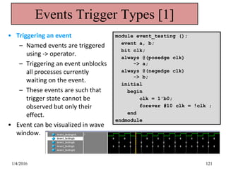 Events Trigger Types [1]
• Triggering an event
– Named events are triggered
using -> operator.
– Triggering an event unblocks
all processes currently
waiting on the event.
– These events are such that
trigger state cannot be
observed but only their
effect.
• Event can be visualized in wave
window.
module event_testing ();
event a, b;
bit clk;
always @(posedge clk)
-> a;
always @(negedge clk)
-> b;
initial
begin
clk = 1'b0;
forever #10 clk = !clk ;
end
endmodule
1/4/2016 121
 