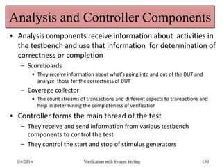 Analysis and Controller Components
• Analysis components receive information about activities in
the testbench and use that information for determination of
correctness or completion
– Scoreboards
• They receive information about what’s going into and out of the DUT and
analyze those for the correctness of DUT
– Coverage collector
• The count streams of transactions and different aspects to transactions and
help in determining the completeness of verification
• Controller forms the main thread of the test
– They receive and send information from various testbench
components to control the test
– They control the start and stop of stimulus generators
1/4/2016 Verification with System Verilog 150
 
