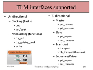 TLM interfaces supported
1/4/2016 Verification with System Verilog 153
• Unidirectional
– Blocking (Tasks)
• put
• get/peek
– Nonblocking (functions)
• try_put
• try_get/try_peek
• write
• Bi directional
– Master
• put_request
• get_response
– Slave
• get_request
• put_response
– Transport
• transport
• nb_transport (function)
– Sequence/Driver
• get_request
• put_response
 