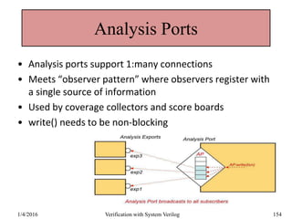 Analysis Ports
• Analysis ports support 1:many connections
• Meets “observer pattern” where observers register with
a single source of information
• Used by coverage collectors and score boards
• write() needs to be non-blocking
1/4/2016 Verification with System Verilog 154
 