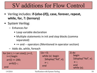 SV additions for Flow Control
• Verilog includes: if-(else-(if)), case, forever, repeat,
while, for, ?: (ternary)
• System Verilog:
– Enhances for
• Loop variable declaration
• Multiple statements in init and step blocks (comma
separated)
• ++ and -- operators (Mentioned in operator section)
– Adds do..while, foreach
for (int i; i < arr.size(); j+=2,
i++) begin
arr[i] += 200;
arrb[i]--;
end
1)x = 0;
while (x) begin
$display(“%d”, x);
x--;
end
2) do
begin
$display(“%d”, x);
x--;
end
while (x);
1/4/2016 Verification with System Verilog 54
 