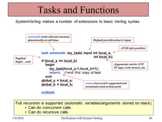 Tasks and Functions
1/4/2016 Verification with System Verilog 66
 