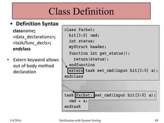 Class Definition
• Definition Syntax
classname;
<data_declarations>;
<task/func_decls>;
endclass
• Extern keyword allows
out of body method
declaration
1/4/2016 Verification with System Verilog 88
 