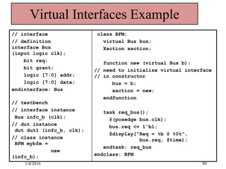 Virtual Interfaces Example
// interface
// definition
interface Bus
(input logic clk);
bit req;
bit grant;
logic [7:0] addr;
logic [7:0] data;
endinterface: Bus
// testbench
// interface instance
Bus infc_b (clk);
// dut instance
dut dut1 (infc_b, clk);
// class instance
BFM mybfm =
new
(infc_b);
class BFM;
virtual Bus bus;
Xaction xaction;
function new (virtual Bus b);
// need to initialize virtual interface
// in constructor
bus = b;
xaction = new;
endfunction
task req_bus();
@(posedge bus.clk);
bus.req <= 1'b1;
$display("Req = %b @ %0t",
bus.req, $time);
endtask: req_bus
endclass: BFM
1/4/2016 99
 
