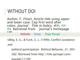 WITHOUT DOI
Author, F. (Year). Article title using upper
and lower case: Cap first word after
colon. Journal Title in Italics, #(#), ##-
##. Retrieved from journal’s homepage
URL
Ulbig, S. G., & Funk, C. L. (1999). Conflict avoidance
and
political participation. Political Behavior, 21, 265-
282. Retrieved from http://link.springer.com/
journal/11109
Volume Issue Page Range
 