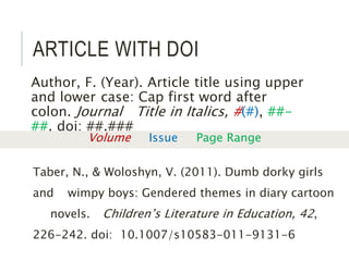 ARTICLE WITH DOI
Author, F. (Year). Article title using upper
and lower case: Cap first word after
colon. Journal Title in Italics, #(#), ##-
##. doi: ##.###
Taber, N., & Woloshyn, V. (2011). Dumb dorky girls
and wimpy boys: Gendered themes in diary cartoon
novels. Children’s Literature in Education, 42,
226-242. doi: 10.1007/s10583-011-9131-6
Volume Issue Page Range
 