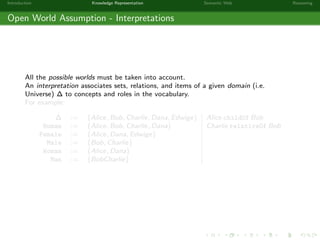 Introduction Knowledge Representation Semantic Web Reasoning
Open World Assumption - Interpretations
All the possible worlds must be taken into account.
An interpretation associates sets, relations, and items of a given domain (i.e.
Universe) ∆ to concepts and roles in the vocabulary.
For example:
∆ := {Alice, Bob, Charlie, Dana, Edwige} Alice childOf Bob
Human := {Alice, Bob, Charlie, Dana} Charlie relativeOf Bob
Female := {Alice, Dana, Edwige}
Male := {Bob, Charlie}
Woman := {Alice, Dana}
Man := {BobCharlie}
 