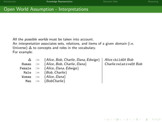 Introduction Knowledge Representation Semantic Web Reasoning
Open World Assumption - Interpretations
All the possible worlds must be taken into account.
An interpretation associates sets, relations, and items of a given domain (i.e.
Universe) ∆ to concepts and roles in the vocabulary.
For example:
∆ := {Alice, Bob, Charlie, Dana, Edwige} Alice childOf Bob
Human := {Alice, Bob, Charlie, Dana} Charlie relativeOf Bob
Female := {Alice, Dana, Edwige}
Male := {Bob, Charlie}
Woman := {Alice, Dana}
Man := {BobCharlie}
 