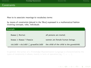 Introduction Knowledge Representation Semantic Web Reasoning
Constraints
How to to associate meanings to vocabulary terms:
by means of constraints (placed in the TBox) expressed in a mathematical fashion
involving concepts, roles, individuals.
Example
Human Mortal all persons are mortal;
Woman ≡ Human Female women are female human beings;
childOf ◦ childOf ⊆ grandChildOf the child of the child is the grandchild.
In general, the syntax of a Knowledge Representation Language is characterized by the
types of constraints it allows, mainly in term of operators (eg. , ◦, . . . ).
 