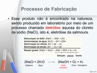 • Esse produto não é encontrado na natureza,
sendo produzido em laboratório por meio de um
processo chamado eletrólise aquosa do cloreto
de sódio (NaCl), isto é, eletrólise da salmoura.
2NaCl + 2H2O 2NaOH + Cl2 + H2
Salgema Água Soda
Cáustica
HidrogênioCloro
 