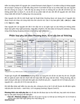 HEAR2TALK.COM 4
kiểm tra bảng thành tố nguyên âm (vowel formant chart) (figure 1) và nhân ra rằng có những nguyên
âm có cùng F1 chúng ta có thể hiểu rằng chính F2 là thành tố tạo ra sự khác biệt của các nguyên
âm khi chúng có cùng F1. Vấn đề này lại càng rõ hơn ở những trẻ có vấn đề về thính lực và
không phát hiện ra được F2 và do đó có sự phân biệt về các vấn đề về nguyên âm vốn khác
nhau/ biến đổi chỉ bởi F2 chẳng hạn như [u] and [i].
Các nguyên âm đôi là một thuật ngữ kỹ thuật khác thường được sử dụng cho 2 nguyên âm
được trượt với nhau với cùng một mức âm của lời nói. Các ví dụ bao gồm: [aI] – pie [au] - cow
[⊃I] - toy [e I] – day.
Các nguyên âm và nguyên âm đôi ở lời sắp nói ra và ngôn ngữ có các thông tin không phân
đoạn bao gồm nhịp ngắt (prosody), nhịp điệu (rhythm), tốc độ (rate) và trọng âm (stress). Chúng
cũng chứa đựng cả giọng (stress) và phương ngữ (dialects).
Phân loại phụ âm theo Phương thức, Vị trí cấu âm và Voicing
Voicing Bilabial
Labioden-
tal
Linguadental/Interdental Alveolar Palatal Velar Glottal
Plosives/Stops Voiced b, b d, d g, g
Unvoiced p, p t, t k, k
Fricative Voiced v ð z ʒ
Unvoiced f θ s ʃ h
Nasals Voiced m n ŋ
Unvoiced
Affricates Voiced dʒ
Unvoiced tʃ
Semi-vowels Voiced w j
Unvoiced
Liquids Voiced l,r
Figure 2
*Adapted from Ling (1996) Acoustic, Audition and Speech Reception (AVI)
Thuật ngữ chuyển đổi (transition) thường được sử dụng khi nói về âm và cảm thụ lời nói. Chuyển
đổi có nghĩa là cách một âm thanh kết nối hoặc biến đổi sang một âm khác. Thông thường, đây là
cách chúng ta vẫn tạo ra một cách đơn giản các chuỗi âm phụ âm – nguyên âm (C-V) hoặc phụ âm –
nguyên âm – phụ âm (C-V-C) của các âm vị.
Khi bắt đầu khảo sát/ kiểm tra các phụ âm, chúng ta chú ý tới 3 chỉ số/ thước đo để định nghĩa
một phụ âm cho trước – cách thức, vị trí và giọng (voicing). (figure 2 and 3).
Phương thức của một phụ âm nói về việc âm đó được tạo ra như thế nào, hay cách mà nó được
tạo ra. Các cách chúng ta cần biết gồm:
• Âm nổ - Plosives (stops): Một âm nổ ra khi t ta tạo ra một áp lực không khí và nó thoát ra
giống một cách đột ngột giống như một tiếng nổ.
 