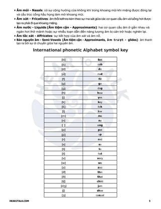 HEAR2TALK.COM 5
• Âm mũi - Nasals: có sự cộng hưởng của không khí trong khoang mũi khi miệng được đóng lại
và cấu trúc cổng hầu họng làm mở khoang mũi.
• Âm xát - Fricatives: âm thổi kefmra kèm theo sự ma sát giữa các cơ quan cấu âm và luồng hơiđược
tạo ra phải đi qua khoang miệng.
• Âm nước - Liquids (Âm tiệm cận - Approximants): hai cơ quan cấu âm ở gần nhau và
ngăn hơi thở mãnh hoặc sự nhiễu loạn dẫn đến năng lượng âm bị cản trở hoặc nghẽn lại.
• Âm tắc xát - Affricates: sự kết hợp của âm xát và âm nổ.
• Bán nguyên âm - Semi-Vowels (Âm tiệm cận - Approximants, âm tr ư ợ t - glides): âm thanh
tạo ra bởi sự di chuyển giữa hai nguyên âm.
International phonetic Alphabet symbol key
[b] bat
[b] cab
[d] do
[d] nod
[f] fill
[g] go
[g] dog
[h] how
[j] yes
[k] key
[k] lick
[l] low
[m] me
[n] no
[ ] sing
[p] pat
[p] up
[r] red
[s] so
[t] to
[t] hat
[v] very
[w] we
[z] zoo
[θ] thin
[ð] that
[tʃ] child
[dʒ] jam
[ʃ] shoe
[ʒ] casual
 