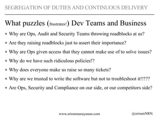 @sriramNRNwww.sriramnarayanan.com
SEGREGATION OF DUTIES AND CONTINUOUS DELIVERY
What puzzles (frustrates!) Dev Teams and B...
