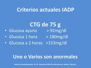 Criterios actuales IADP
CTG de 75 g
• Glucosa ayuno > 92mg/dl
• Glucosa 1 hora > 180mg/dl
• Glucosa a 2 horas >153mg/dl
Uno o Varios son anormales
Valente, Acosta Benjamin. Et. Al. Manual del MiP. Ed Intersistemas. Mexico. Pag 134.
 