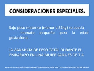CONSIDERACIONES ESPECIALES.
Bajo peso materno (menor a 51kg) se asocia
neonato
gestacional.
pequeño para la edad
LA GANANCIA DE PESO TOTAL DURANTE EL
EMBARAZO EN UNA MUJER SANA ES DE 7 A
www.cenetec.salud.gob.mx/descargas/gpc/CatalogoMaestro/028_GPC__PrenatalRiesgo/IMSS_028_08_EyR.pdf
 