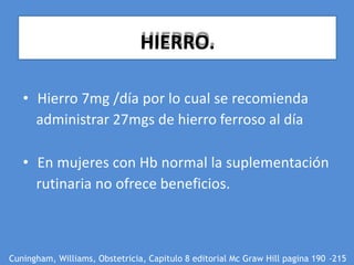 • Hierro 7mg /día por lo cual se recomienda
administrar 27mgs de hierro ferroso al día
• En mujeres con Hb normal la suplementación
rutinaria no ofrece beneficios.
Cuningham, Williams, Obstetricia, Capitulo 8 editorial Mc Graw Hill pagina 190 -215
HIERRO.
 