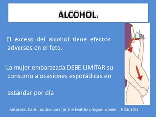 El exceso del alcohol tiene efectos
adversos en el feto.
La mujer embarazada DEBE LIMITAR su
consumo a ocasiones esporádicas en
estándar por día
Antenatal Care: routine care for the healthy pregnan women , NICE 2003
ALCOHOL.
 