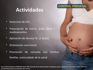 Actividades
• Detección de VIH.
• Prescripción de hierro, ácido fólico y
medicamentos.
• Aplicación de Vacuna Td (2 dosis).
• Orientación nutricional.
• Promoción de consulta con familiar,
familiar, autocuidado de la salud
Norma Oficial Mexicana NOM-007-SSA2-1993, Atención de la mujer durante el embarazo, parto y puerperio y del recién nacido. Criterios y
procedimientos para la prestación del servicio
 