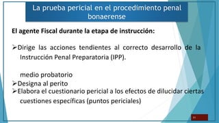 La prueba pericial en el procedimiento penal
bonaerense
11
El agente Fiscal durante la etapa de instrucción:
Dirige las acciones tendientes al correcto desarrollo de la
Instrucción Penal Preparatoria (IPP).
medio probatorio
Designa al perito
Elabora el cuestionario pericial a los efectos de dilucidar ciertas
cuestiones específicas (puntos periciales)
 