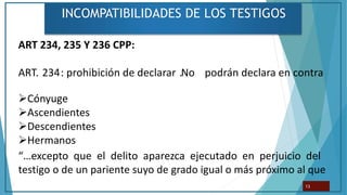 INCOMPATIBILIDADES DE LOS TESTIGOS
13
ART 234, 235 Y 236 CPP:
ART 234
. : prohibición de declarar No
. podrán declara en contra
Cónyuge
Ascendientes
Descendientes
Hermanos
“…excepto que el delito aparezca ejecutado en perjuicio del
testigo o de un pariente suyo de grado igual o más próximo al que
 