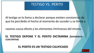 TESTIGO VS. PERITO
9
Al testigo se lo llama a declarar porque existen constancias de
que ha percibido el hecho al momento de suceder y se limita a
razones causa-efecto y los elementos intrínsecos del mismo.
EL TESTIGO DEPONE Y EL PERITO DICTAMINA (DIFERENCIA
CUALITATIVA)
EL PERITO ES UN TESTIGO CALIFICADO
 