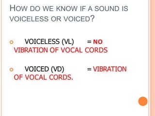 HOW DO WE KNOW IF A SOUND IS
VOICELESS OR VOICED?
 VOICELESS (VL) = NO
VIBRATION OF VOCAL CORDS
 VOICED (VD) = VIBRATION
OF VOCAL CORDS.
 