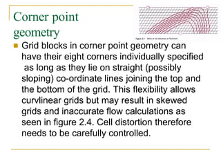 Corner point
geometry
■ Grid blocks in corner point geometry can
have their eight corners individually specified
as long as they lie on straight (possibly
sloping) co-ordinate lines joining the top and
the bottom of the grid. This flexibility allows
curvlinear grids but may result in skewed
grids and inaccurate flow calculations as
seen in figure 2.4. Cell distortion therefore
needs to be carefully controlled.
 