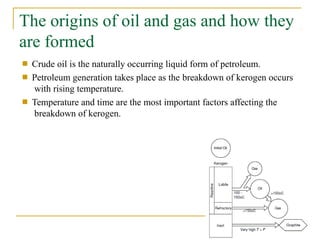 The origins of oil and gas and how they
are formed
■
■
Crude oil is the naturally occurring liquid form of petroleum.
Petroleum generation takes place as the breakdown of kerogen occurs
with rising temperature.
Temperature and time are the most important factors affecting the
breakdown of kerogen.
■
 