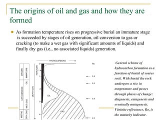 The origins of oil and gas and how they are
formed
■ As formation temperature rises on progressive burial an immature stage
is succeeded by stages of oil generation, oil conversion to gas or
cracking (to make a wet gas with significant amounts of liquids) and
finally dry gas (i.e., no associated liquids) generation.
 