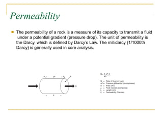Permeability
■ The permeability of a rock is a measure of its capacity to transmit a fluid
under a potential gradient (pressure drop). The unit of permeability is
the Darcy, which is defined by Darcy’s Law. The millidarcy (1/1000th
Darcy) is generally used in core analysis.
 