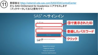 Copyright © 2016, SAS Institute Inc. All rights reserv ed.
11 登録後は https://odamid.oda.sas.com/SASODAControlCenter
から SAS OnDemand for Academics にアクセスします
（ブックマークしておくと便利です）
⑩で表示されたID
登録したパスワード
クリック
 