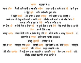 Awsw mhlw 1 ] 
AwKw jIvw ivsrY mir jwau ] AwKix AauKw swcw nwau ] swcy nwm kI lwgY BUK 
] auqu BUKY Kwie clIAih dUK ]1] 
so ikau ivsrY myrI mwie ] swcw swihbu swcY nwie ]1] rhwau ] 
swcy nwm kI iqlu vifAweI ] AwiK Qky kImiq nhI pweI ] jy siB imil kY 
AwKx pwih ] vfw n hovY Gwit n jwie ]2] 
nw Ehu mrY n hovY sogu ] dydw rhY n cUkY Bogu ] guxu eyho horu nwhI koie ] nw ko 
hoAw nw ko hoie ]3] 
jyvfu Awip qyvf qyrI dwiq ] ijin idnu kir kY kIqI rwiq ] Ksmu ivswrih qy 
kmjwiq ] nwnk nwvY bwJu snwiq ]4]3] 
rwgu gUjrI mhlw 4 ] 
hir ky jn siqgur sq purKw ibnau krau gur pwis ] hm kIry ikrm siqgur 
srxweI kir dieAw nwmu prgwis ]1] 
myry mIq gurdyv mo kau rwm nwmu prgwis ] gurmiq nwmu myrw pRwn sKweI hir 
kIriq hmrI rhrwis ]1] rhwau ] 
 