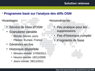 Solution retenue


➢
    Programme basé sur l'analyse des diffs OSM
●
    Avantages                              ●
                                               Inconvénients
      ●
          Service de base d'OSM                  ●
                                                      Peu pratique pour les
      ●
          Granularité variable                        suppressions
           ➢
               Minute, heures, jours             ●
                                                      Pas d'historique complet
           ➢
               Planete, Europe, France           ●
                                                      Fragments de base
      ●
          Générées en live
      ●
          Historique disponible
           ●
               Minutes monde: 27/09/2011
           ●
               Heures monde: 19/11/2009
           ●
               Jours monde: 28/11/2011


                                                     http://wiki.openstreetmap.org/wiki/Planet.osm/diffs
 