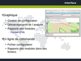 Interface




Graphique
●


    ●
        Gestion de configuration
    ●
        Démarrage/arrêt de l analyse
    ●
        Rapports des modules
         ➢
             Format HTML

En ligne de commande
●


    ●
        Fichier configuration
    ●
        Rapports des modules dans des
        fichiers
 