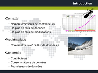 Introduction




Contexte
●



    ●
        Nombre croissants de contributeurs
    ●
        De plus en plus de données
    ●
        De plus en plus de modifications

Problématique
●



    ●
        Comment “suivre” ce flux de données ?

Concernés
●



    ●
        Contributeurs
    ●
        Consommateurs de données
    ●
        Fournisseurs de données
 