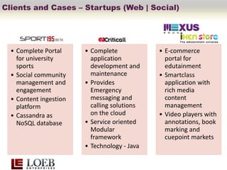 Clients and Cases – Startups (Web | Social)




  • Complete Portal     • Complete            • E-commerce
    for university        application           portal for
    sports                development and       edutainment
  • Social community      maintenance         • Smartclass
    management and      • Provides              application with
    engagement            Emergency             rich media
  • Content ingestion     messaging and         content
    platform              calling solutions     management
  • Cassandra as          on the cloud        • Video players with
    NoSQL database      • Service oriented      annotations, book
                          Modular               marking and
                          framework             cuepoint markets
                        • Technology - Java
 