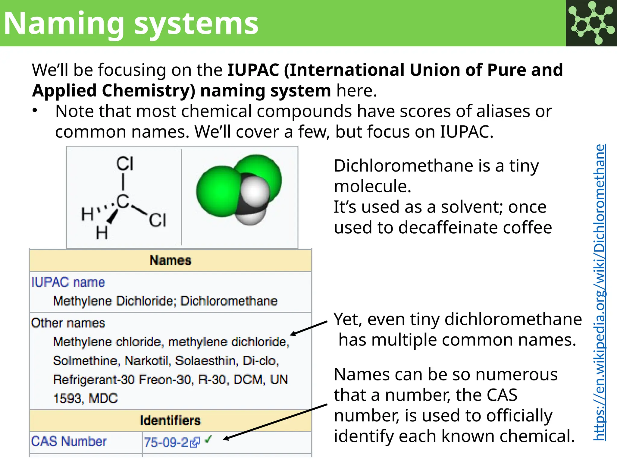 Naming systems
We’ll be focusing on the IUPAC (International Union of Pure and
Applied Chemistry) naming system here.
• Note that most chemical compounds have scores of aliases or
common names. We’ll cover a few, but focus on IUPAC.
Dichloromethane is a tiny
molecule.
It’s used as a solvent; once
used to decaffeinate coffee
Yet, even tiny dichloromethane
has multiple common names.
Names can be so numerous
that a number, the CAS
number, is used to officially
identify each known chemical.
https://en.wikipedia.org/wiki/Dichloromethane
 