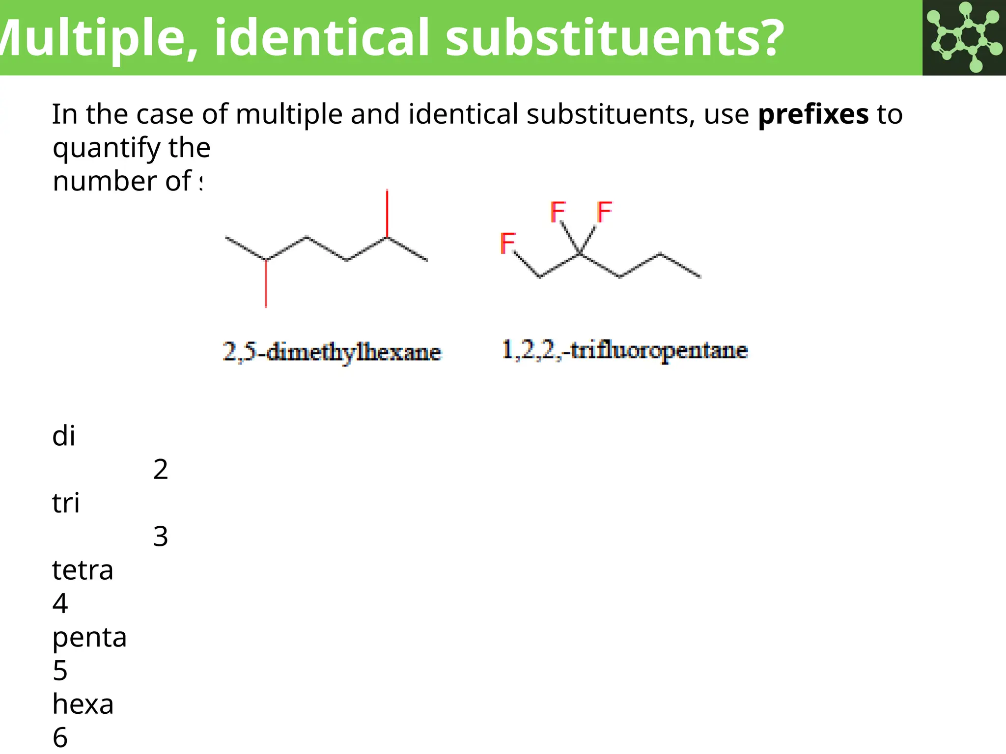 Multiple, identical substituents?
In the case of multiple and identical substituents, use prefixes to
quantify the
number of substituents.
di
2
tri
3
tetra
4
penta
5
hexa
6
 
