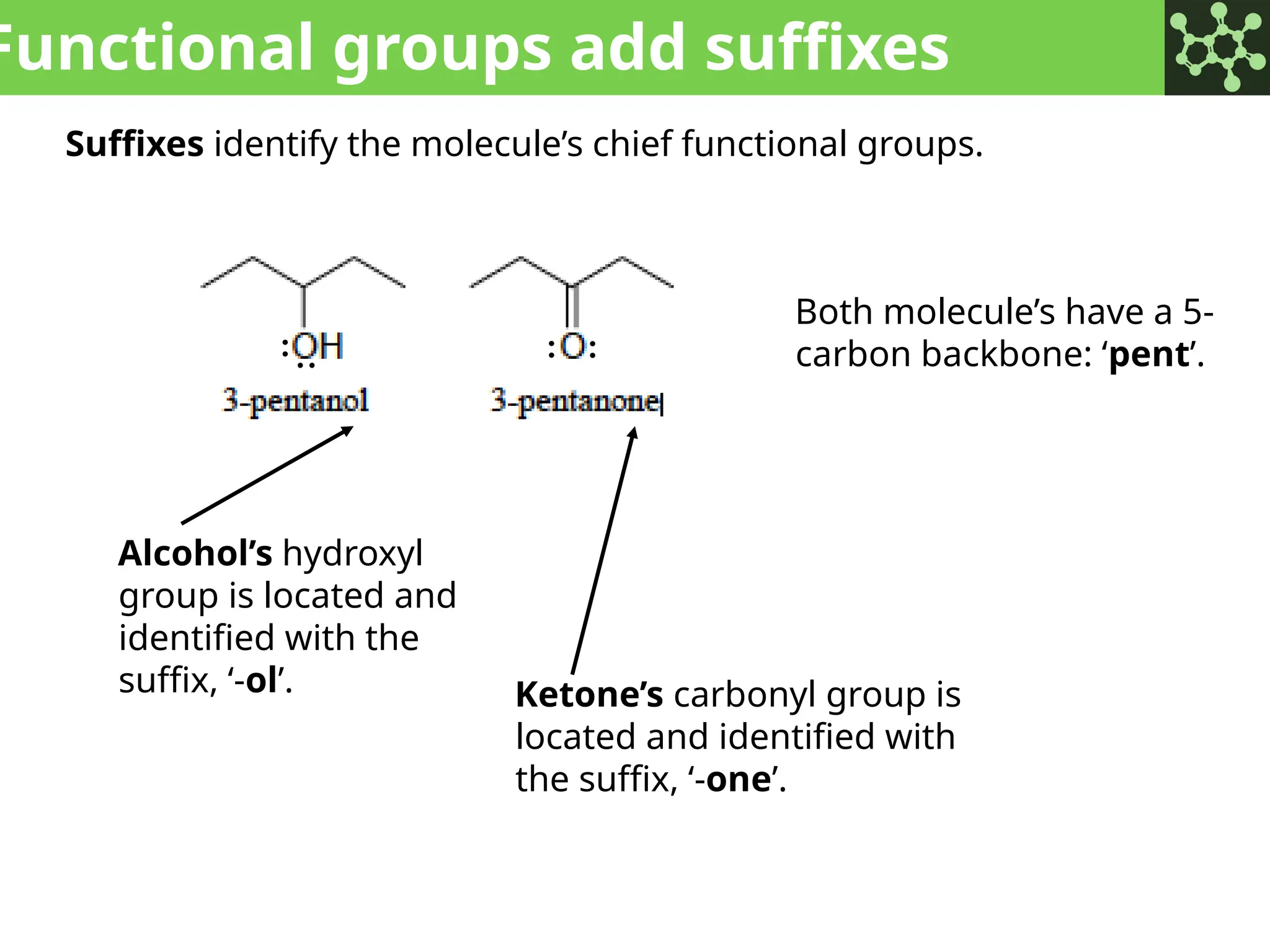 Functional groups add suffixes
Suffixes identify the molecule’s chief functional groups.
Alcohol’s hydroxyl
group is located and
identified with the
suffix, ‘-ol’. Ketone’s carbonyl group is
located and identified with
the suffix, ‘-one’.
Both molecule’s have a 5-
carbon backbone: ‘pent’.
:
:
: :
 