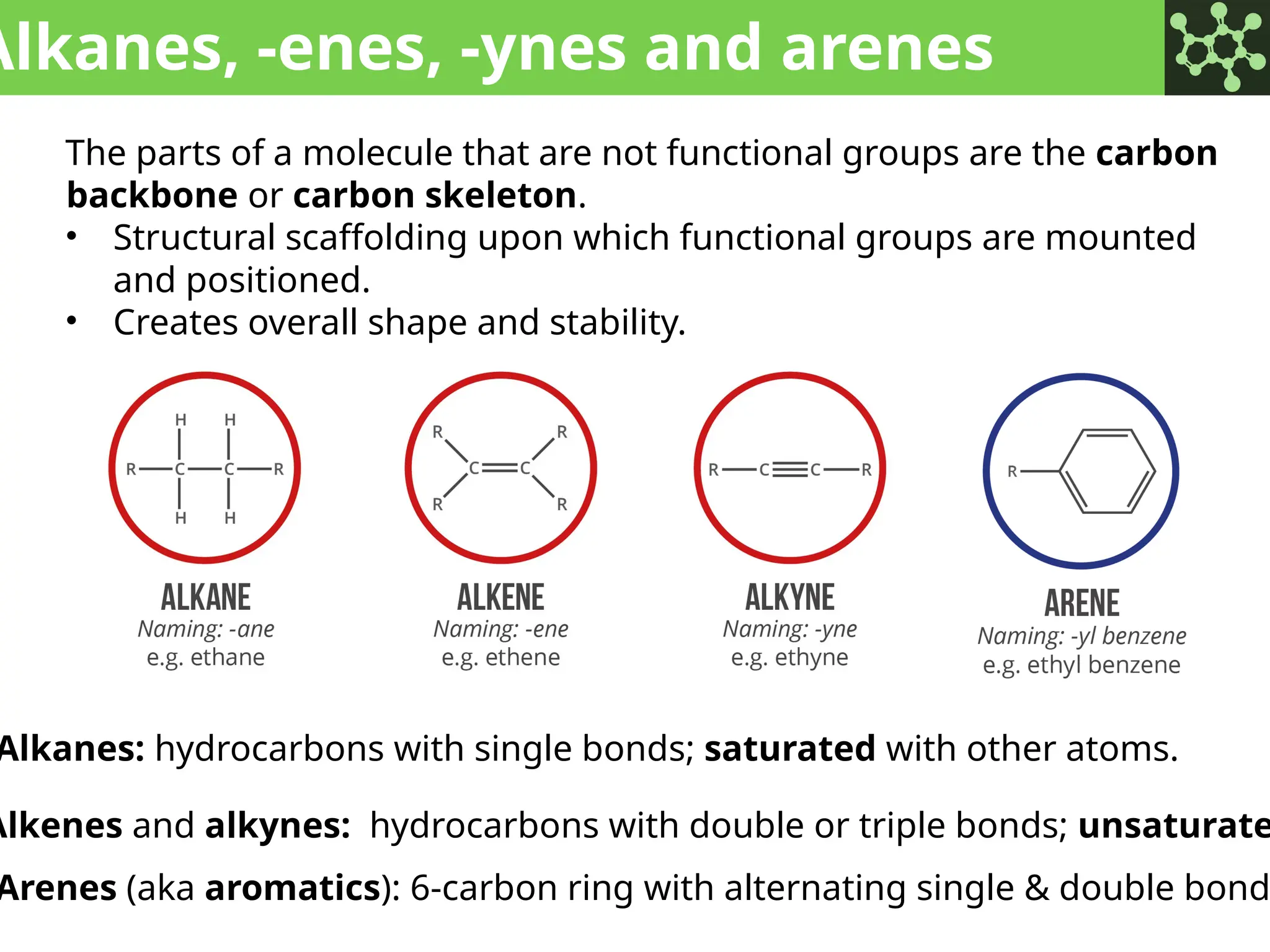 Alkanes, -enes, -ynes and arenes
The parts of a molecule that are not functional groups are the carbon
backbone or carbon skeleton.
• Structural scaffolding upon which functional groups are mounted
and positioned.
• Creates overall shape and stability.
Alkanes: hydrocarbons with single bonds; saturated with other atoms.
Alkenes and alkynes: hydrocarbons with double or triple bonds; unsaturate
Arenes (aka aromatics): 6-carbon ring with alternating single & double bond
 