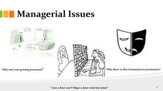 Managerial Issues
“Why am I not getting promoted”
“ Can u hear me?? Hope u have read my mind ”
Why there is discrimination in promotion?
9
 