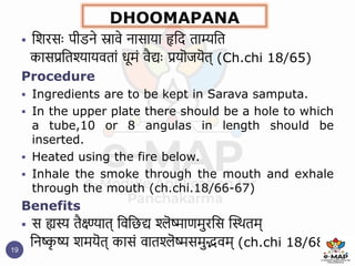 DHOOMAPANA
19
 ष्टशरसैः पीडने स्रावे नासाया हृष्टद िाम्यष्टि
कासप्रष्टिश्यायविां धूमं वैद्यैः प्रयॊजयॆि् (Ch.chi 18/65)
Procedure
 Ingredients are to be kept in Sarava samputa.
 In the upper plate there should be a hole to which
a tube,10 or 8 angulas in length should be
inserted.
 Heated using the fire below.
 Inhale the smoke through the mouth and exhale
through the mouth (ch.chi.18/66-67)
Benefits
 स ह्यस्य िैक्ष्ण्याि् ष्टवष्टछद्य श्लॆिाणमुरष्टस द्धस्थिम्
ष्टनष्क
ृ ष्य शमयॆि् कासं वािश्लॆिसमुद्भवम् (ch.chi 18/68)
 