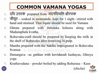 COMMON VAMANA YOGAS
31
1. दष्टध उिरक
ं prepared from मदनष्टपप्पष्टल क्षीरपाक
2. जीमूि – soaked in suramanda- kept for 1 night –stirred with
hand and strained. That liquid should be used for Vamana
3. Ghruta prepared with Jimutaka ksheera along with
Madanaphala kvatha.
4. Ikshuvaku-curd should be prepared by keeping the milk in
the shell of Ikshuvaku after removing its pulp.
5. Mantha prepared with the Sakthu impregnated in Ikshuvaku
Svarasa
6. Damargava –as gutikas with kovidaradi kashayas, Ghreya
yoga
7. Kruthavedana – powder boiled by adding Ikshurasa – Kasa
(cha.ka)
 