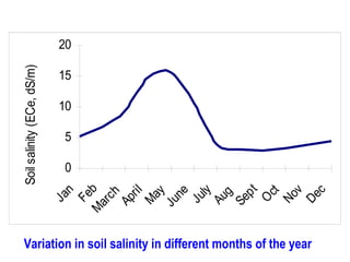 Ja
n
Fe
M b
ar
ch
Ap
ri l
M
ay
Ju
ne
Ju
ly
Au
g
Se
pt
O
ct
No
v
De
c

Soil salinity (ECe, dS/m)
20

15

10

5

0

Variation in soil salinity in different months of the year

 