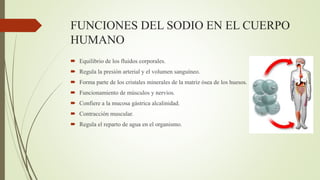 FUNCIONES DEL SODIO EN EL CUERPO
HUMANO
 Equilibrio de los fluidos corporales.
 Regula la presión arterial y el volumen sanguíneo.
 Forma parte de los cristales minerales de la matriz ósea de los huesos.
 Funcionamiento de músculos y nervios.
 Confiere a la mucosa gástrica alcalinidad.
 Contracción muscular.
 Regula el reparto de agua en el organismo.
 